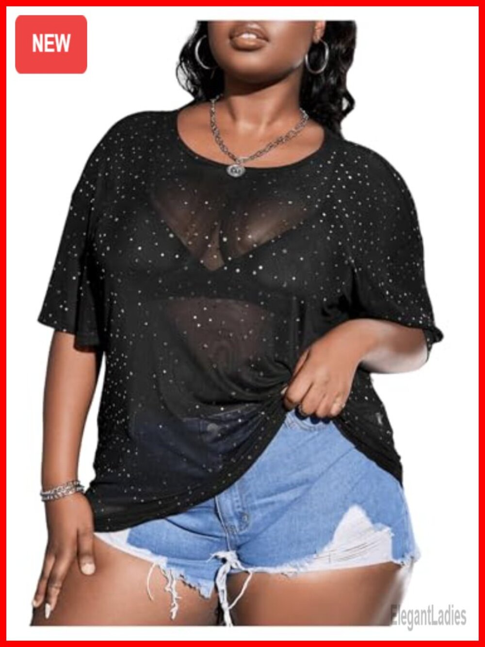 Plus Size Glitter Mesh Sequin See Through Top Short Sleeve Crop